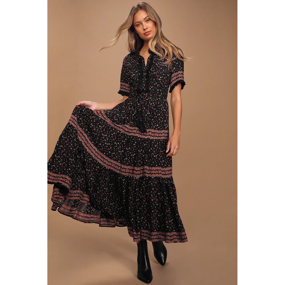 Free People Womens Maxi Dress OB907121 Tiered Floral Black Size M Boho Tassel